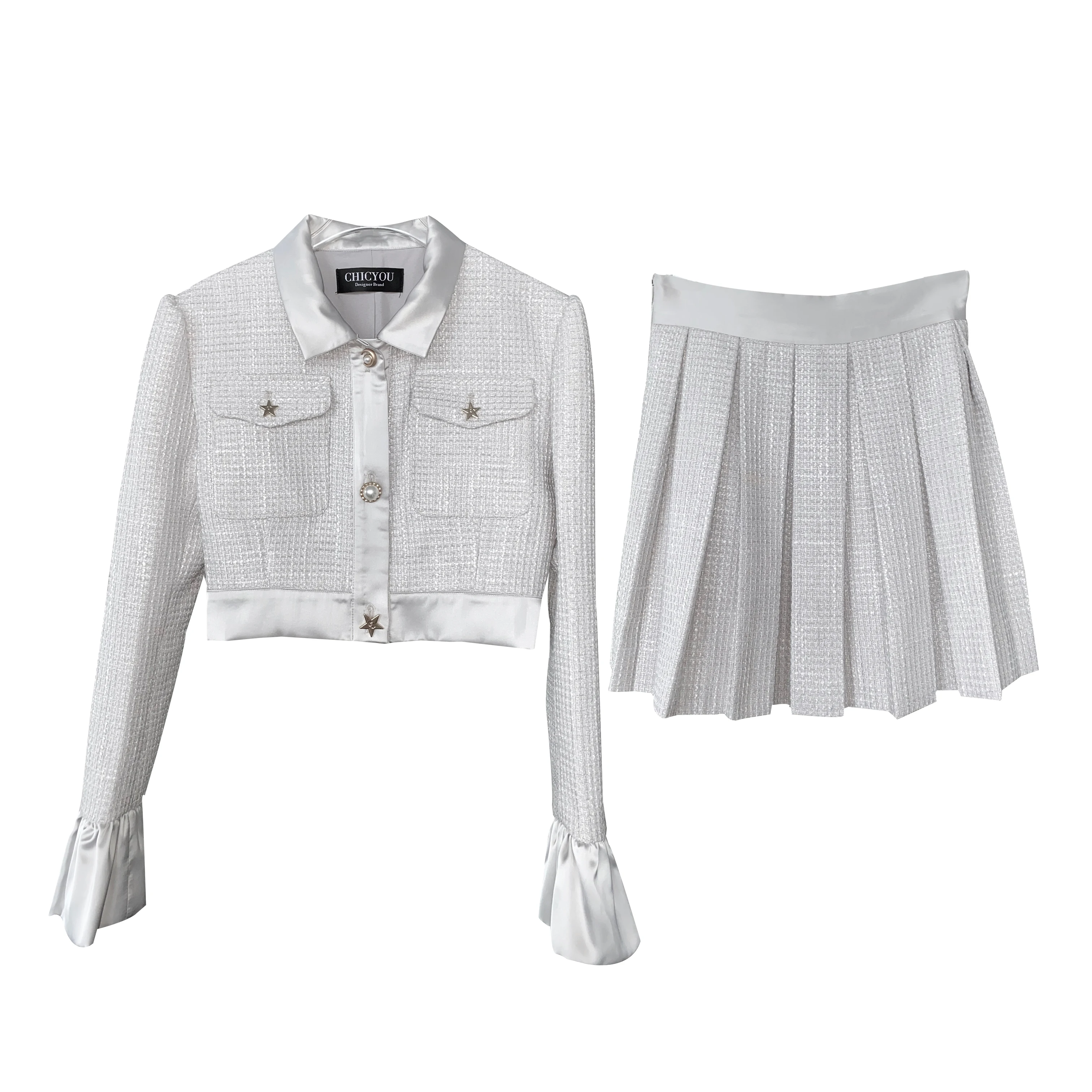 女性时尚衣服女士们迷你百褶半身裙长袖西服套