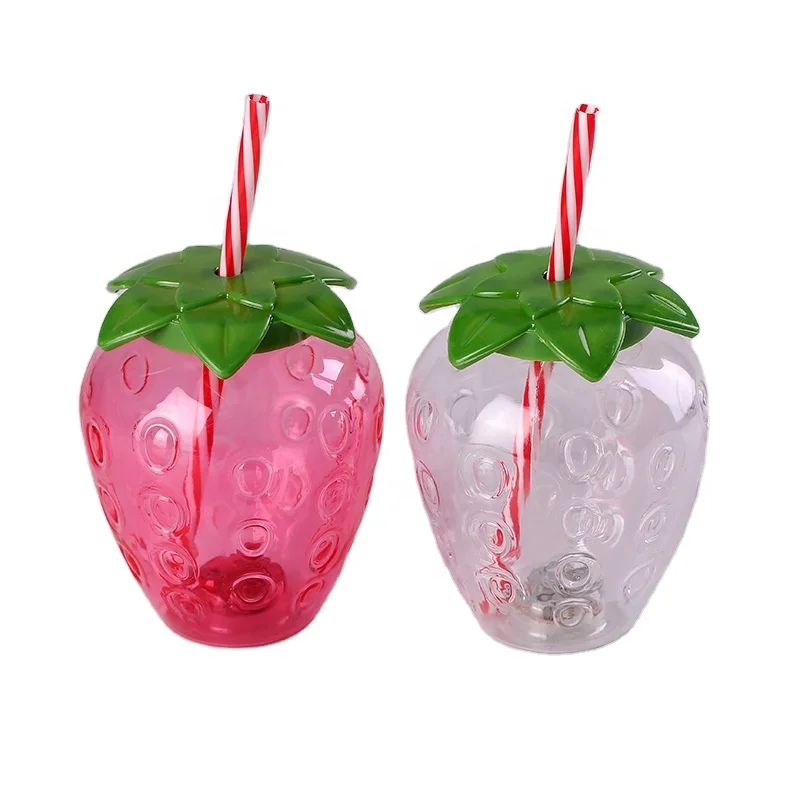 

High Quality 500ml Plastic Pineapple Strawberry Shaped Cup with Straw Cute Milk Tea Cup Portable Juice Bottle, Transparent red