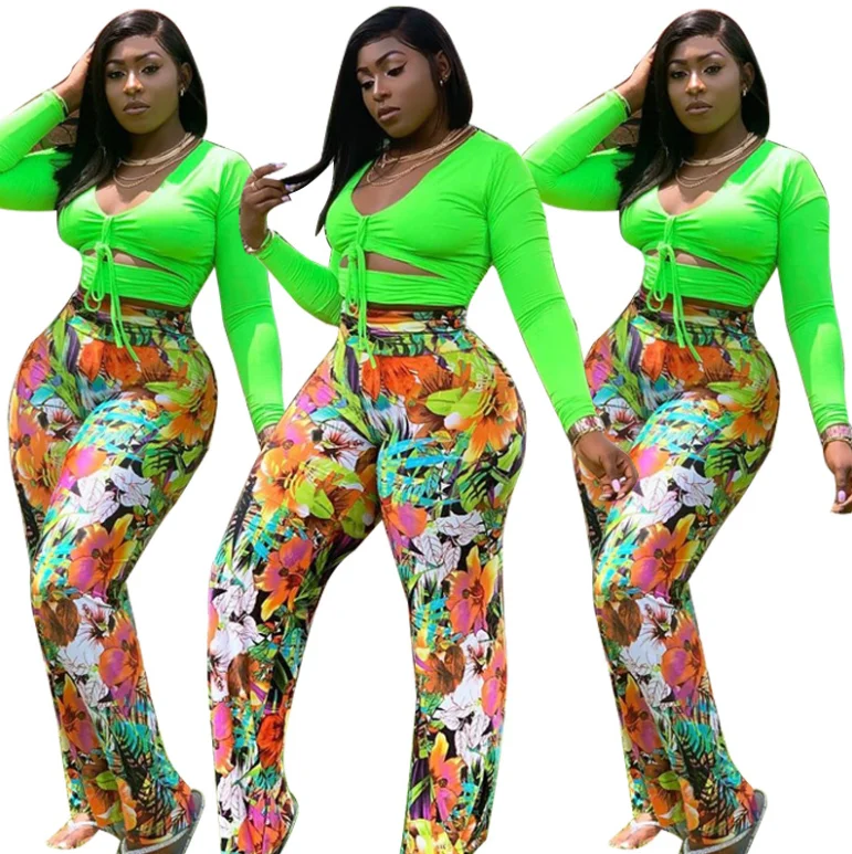 

TKOP3030 Women's new solid color top+ printed pants tight sexy plus size two-piece set