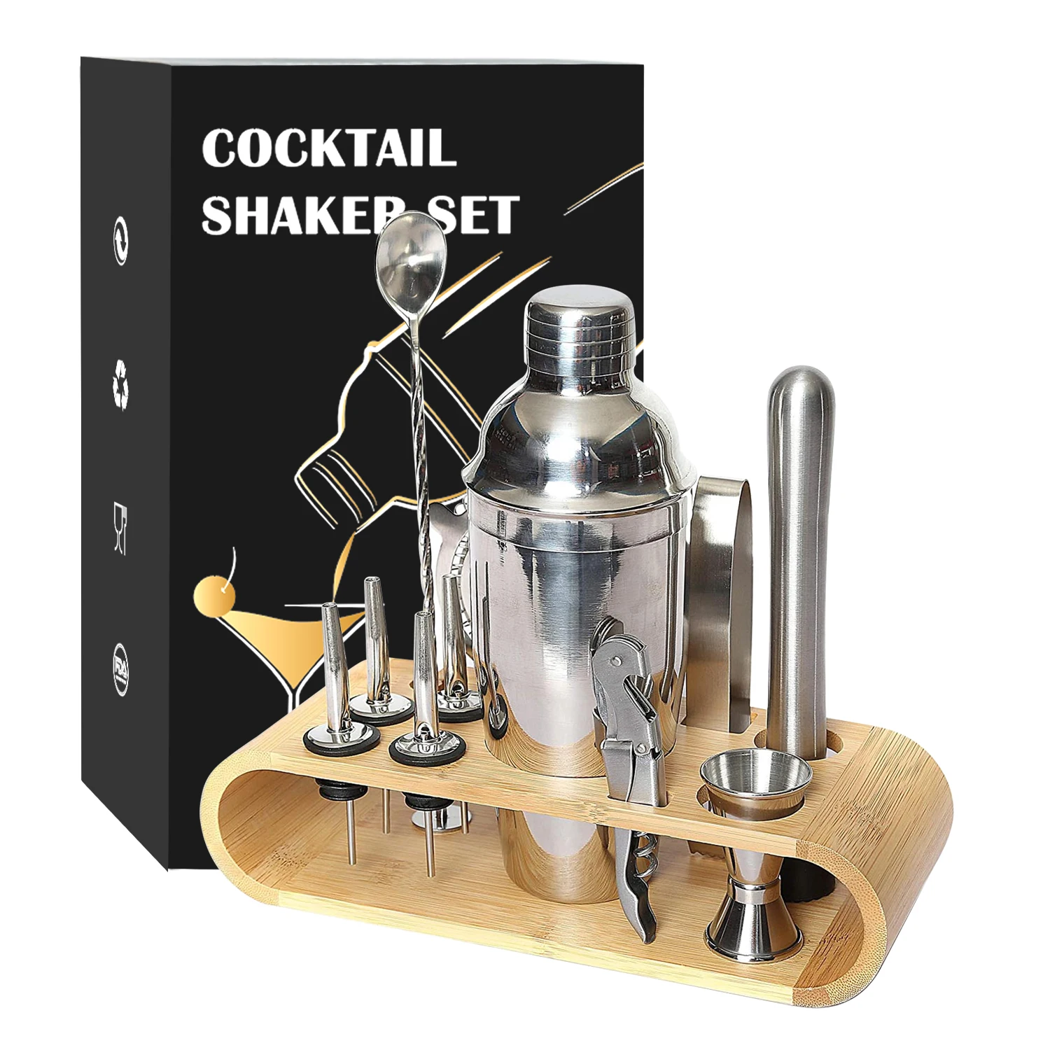 

Professional Barware Tools Wooden Stand Bag Travel Gift Stainless Steel Bartender Kit Bar Accessories Jigger Cocktail Shaker Set, Silver,customized color