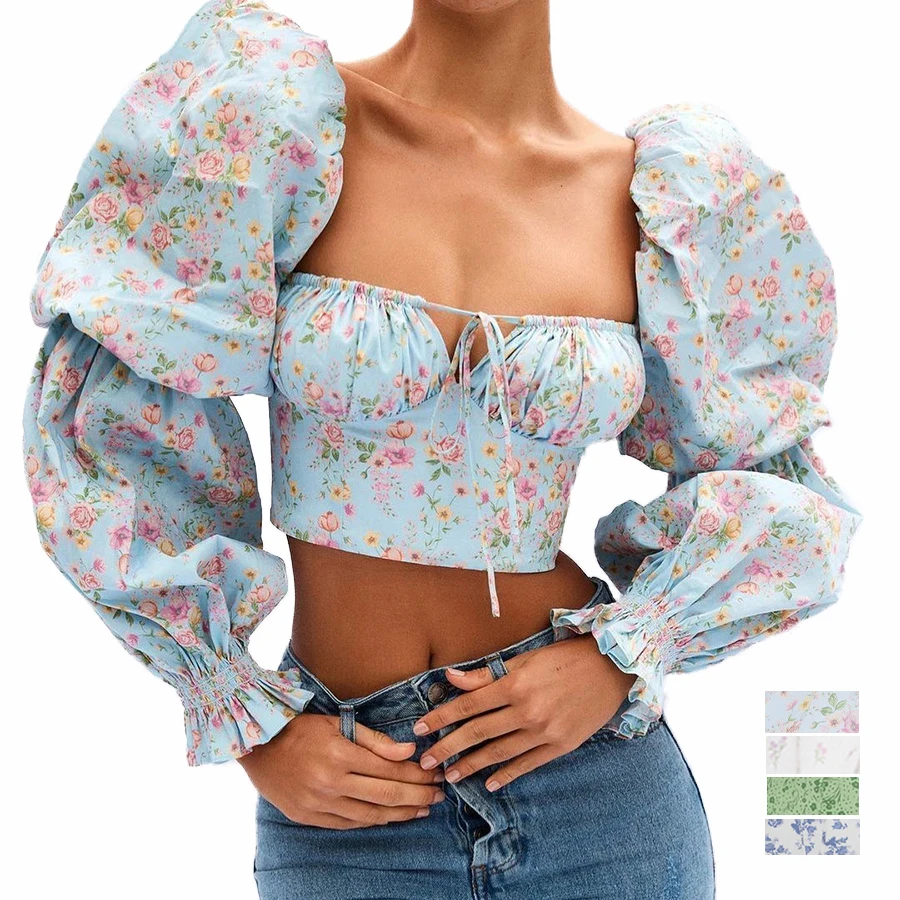 

2021 Fashion Women's Blouse Spring Summer French New White Romantic Floral Puff Sleeve Crop Top Women