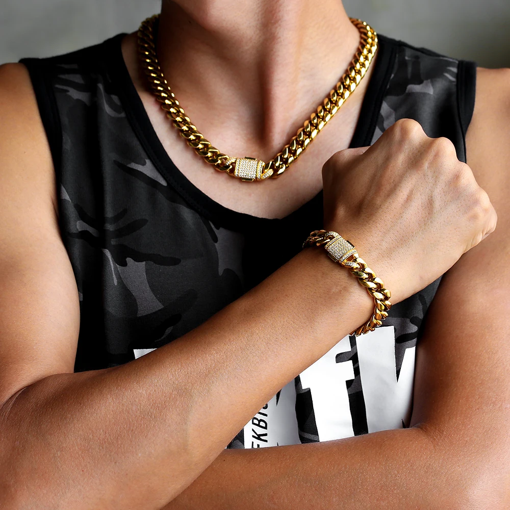 

Men Jewelry With Zircon Buckle Gold Plated Miami Cuban Link Chain Necklace Men Jewelry Set