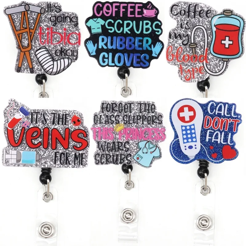 

Glitter Acrylic Plastic Nurse Accessories Badge Holder Medical Scrub Office Decoration Coffee Name Badge Card With Clip