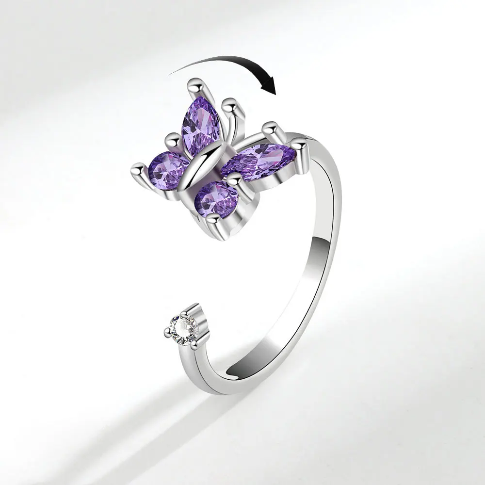 

Purple CZ Crystal Butterfly Fidget Anxiety Ring For Women Anti Stress Jewelry Adjustable Rotatable Spinner Rings