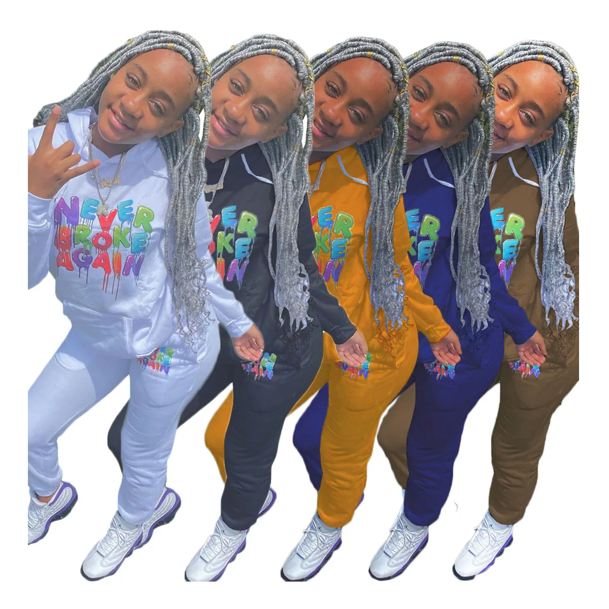 

wholesale letter print long sleeve hooded 2 piece set cotton fleece heavyweight sweatshirt and pant for women, As pictures showed