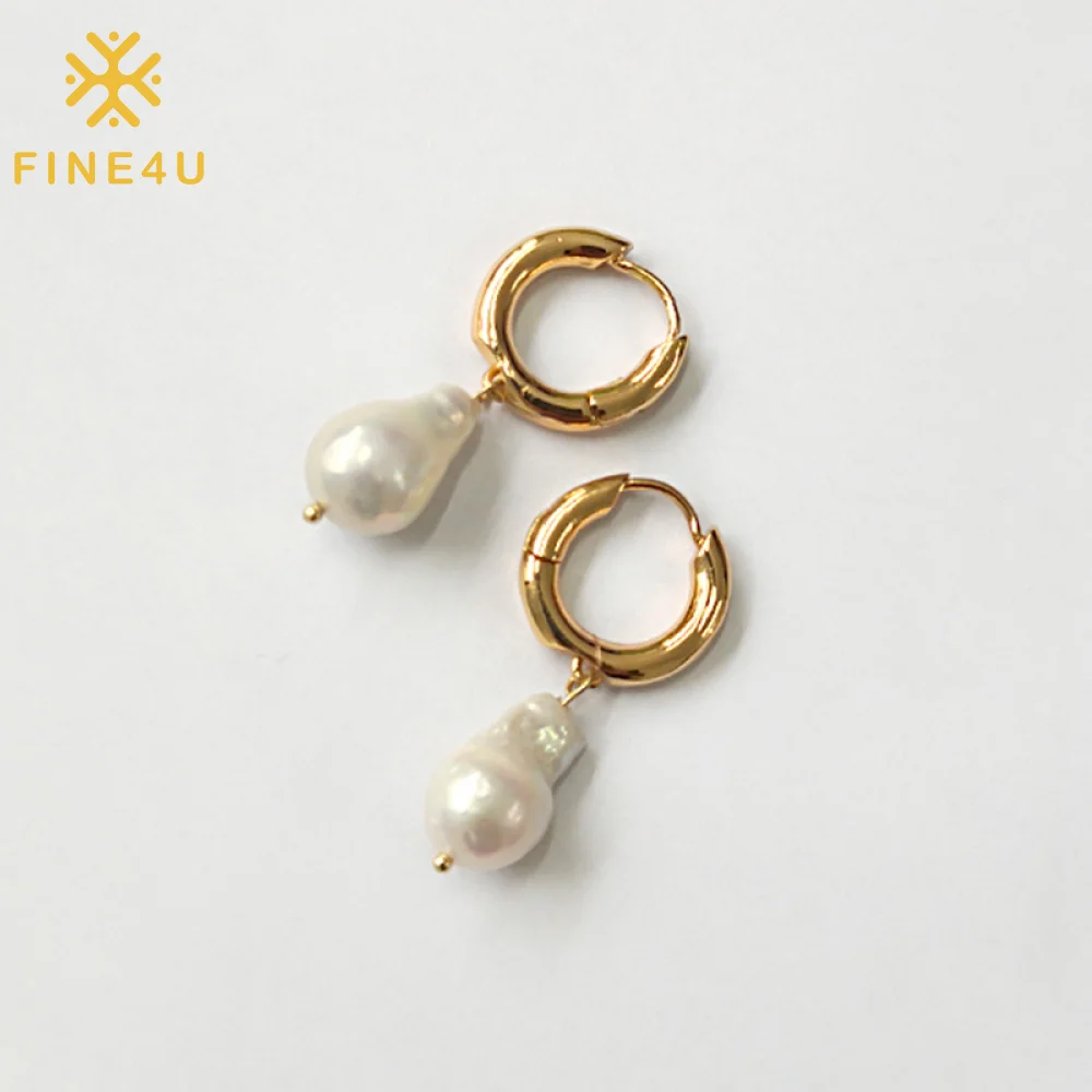 

Elegant ladies vintage huggie gold plated drop jewelry natural irregular fresh water pearl hoop earrings, Gold color
