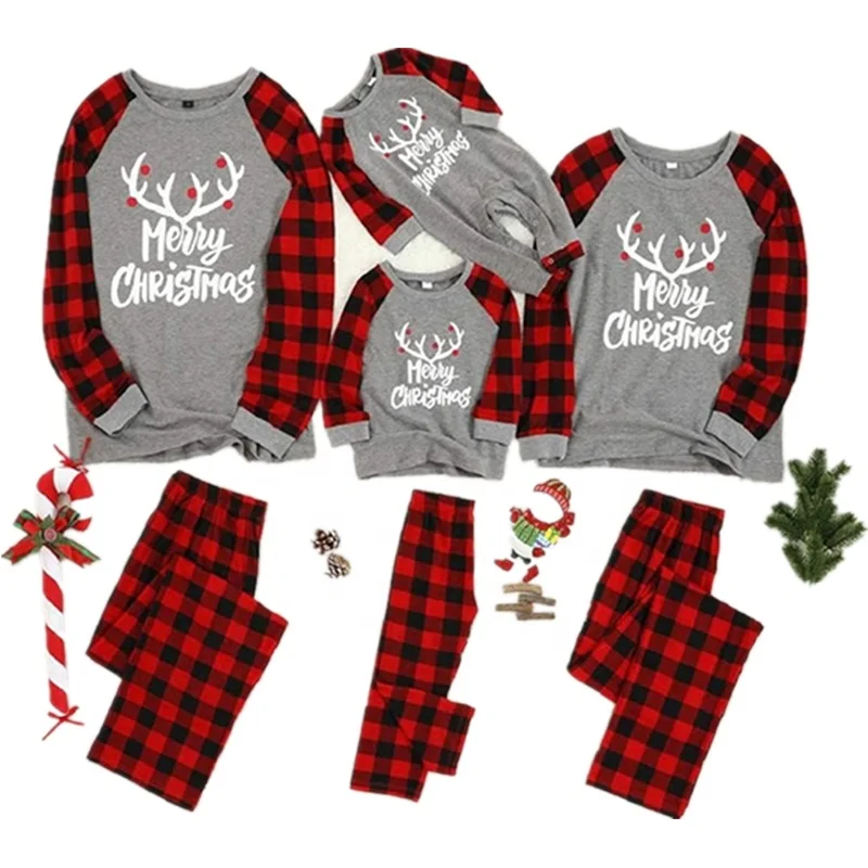 

Hot selling family pajamas antlers plaid Christmas pajamas