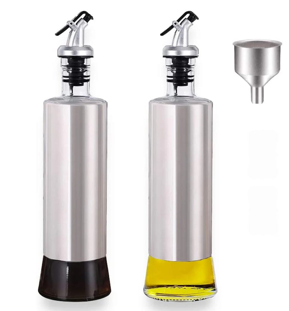 

Stainless Steel Glass Olive Oil Bottle Pouring Spouts Vinegar Sauce Cooking Wine Dispenser Set with Stickers and Funnels