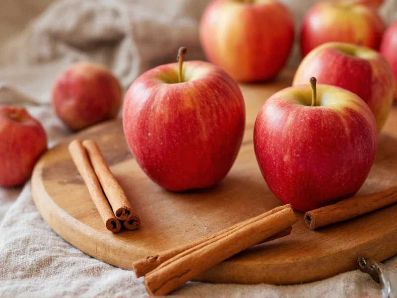 Fresh apples and cinnamon sticks on wooden cutting board