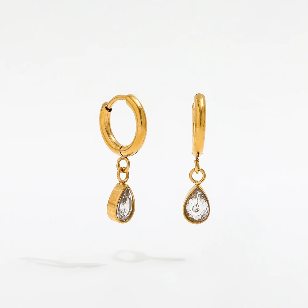High End PVD 18K Gold Plated Dainty Mini Water Drop Zirconia Pendant Huggie Earrings Stainless Steel Jewelry Wholesale