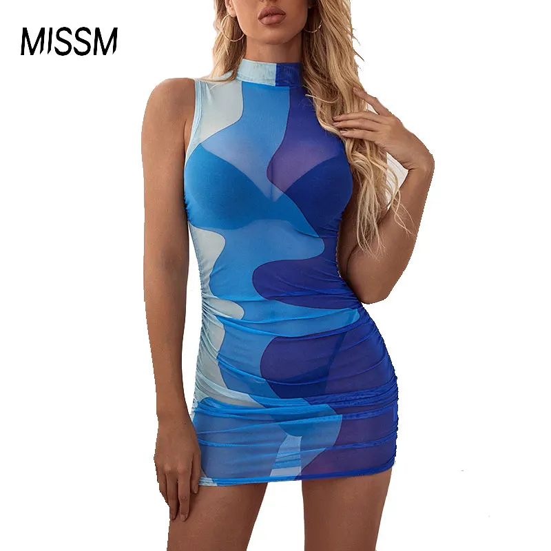 

MISSM summer sexy fitted dress slim mesh sleeveless high waisted bodycon dress women