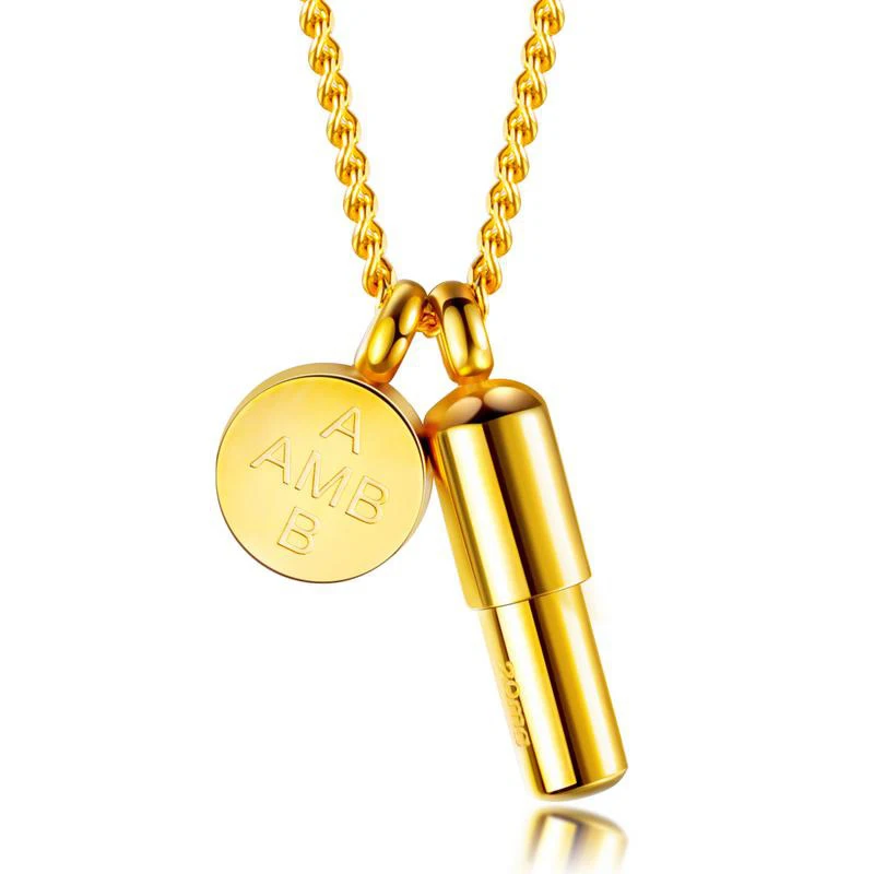 

Fashion Gold Round Coin Openable Capsule Pills Pendant Necklace Men Women Stainless Steel Necklaces (SK890), As picture