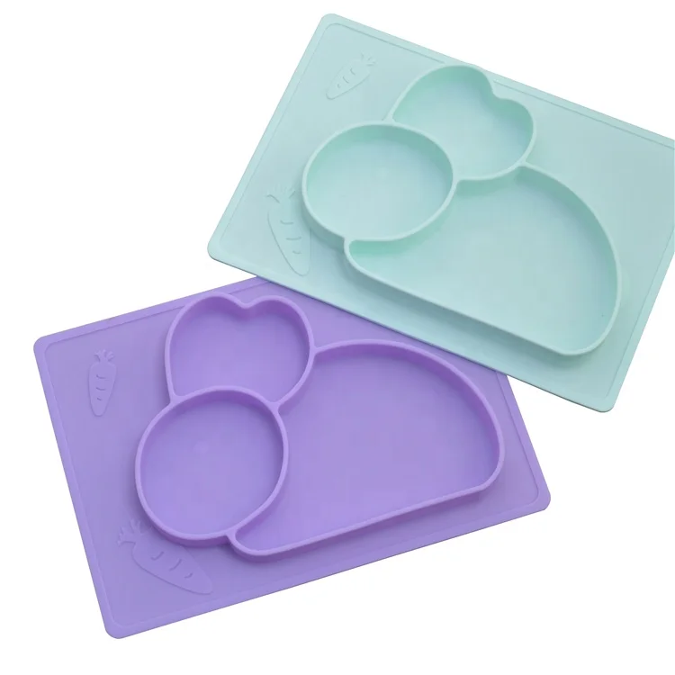 

2020 brand new design cute rabbits three holes soft food grade silicon baby food plates sets place mat for children KD-A17, Purple