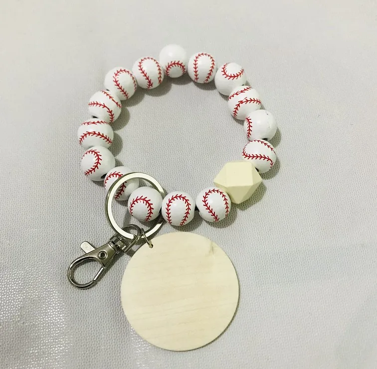 

New Monogram Style Silicone Bead Wood Blank Plate Sport Print Style Style Keychain Bracelet For Women