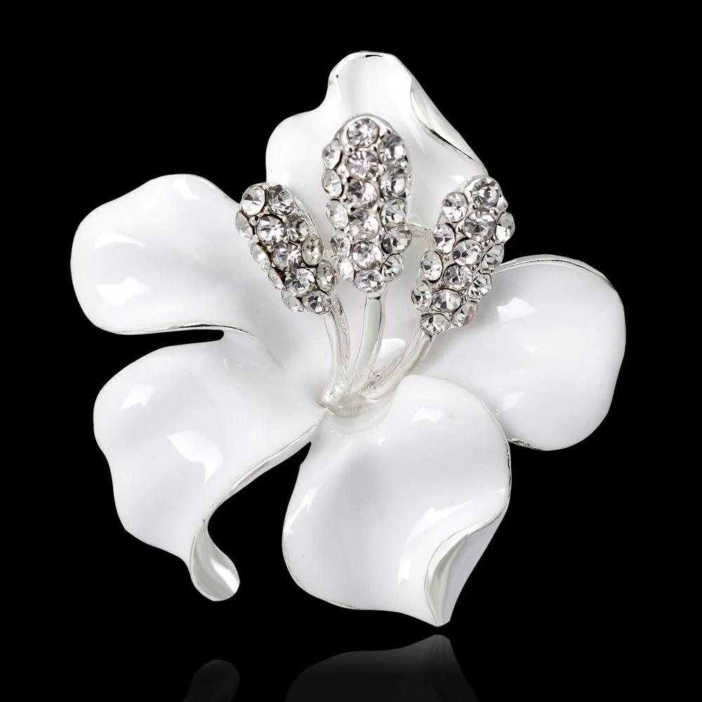 

New Fashion Festival Bride Party Enamel Metal Alloy Coat White Poppy Lily Flower Shape Crystal Women Brooch Pins