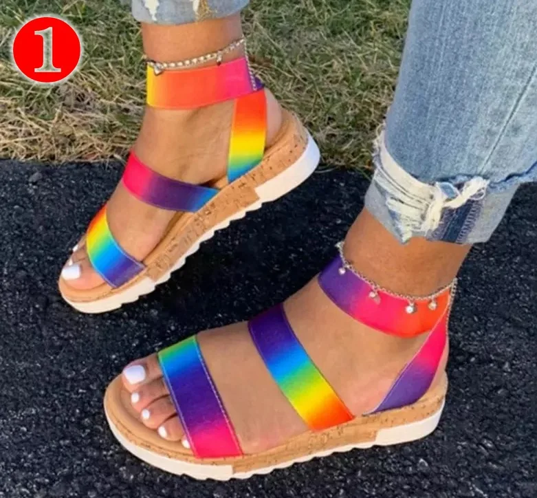 

C108059 Slip-On Open Toe Thread Color Flats Women Sandals low heel Rainbow Colors Flat Outdoor Platform Shoes women's sandals