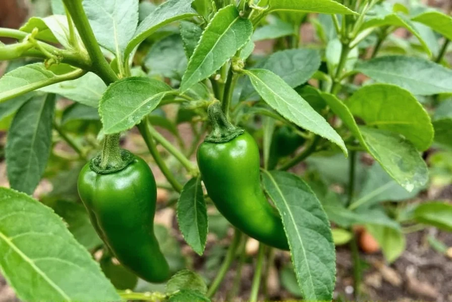 Shisito pepper plants growing in a garden with green peppers visible on the vine