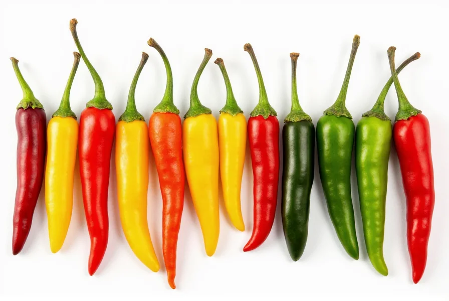 Colorful array of different chili pepper varieties arranged from mildest to hottest on Scoville scale