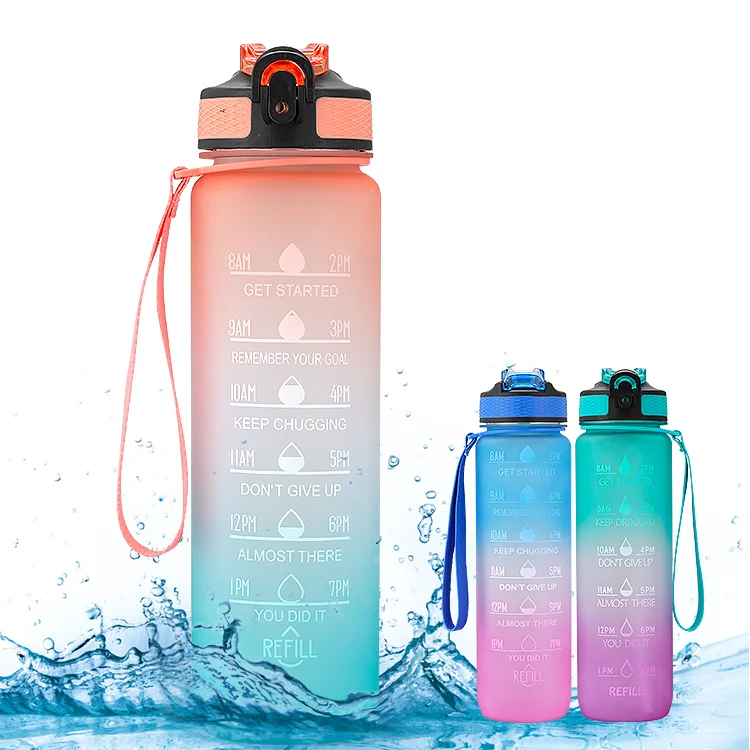 

Eco friendly frosted plastic water bottles 1000ml with straw time marker tritan sport plastic water bottle, Customized color