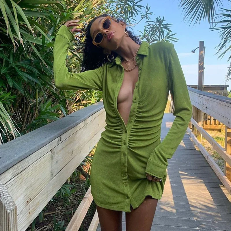 

The new listinTurn-down Collar Green Women Shirt Dresses Club Party Corduroy Long Sleeve Mini Dress Fall 2021 Women Clothes