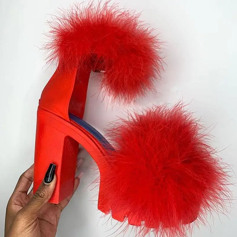 

High heeled women's fuzzy Fur Luxury heel shoes women sandals 2021 New style and ladies shoes