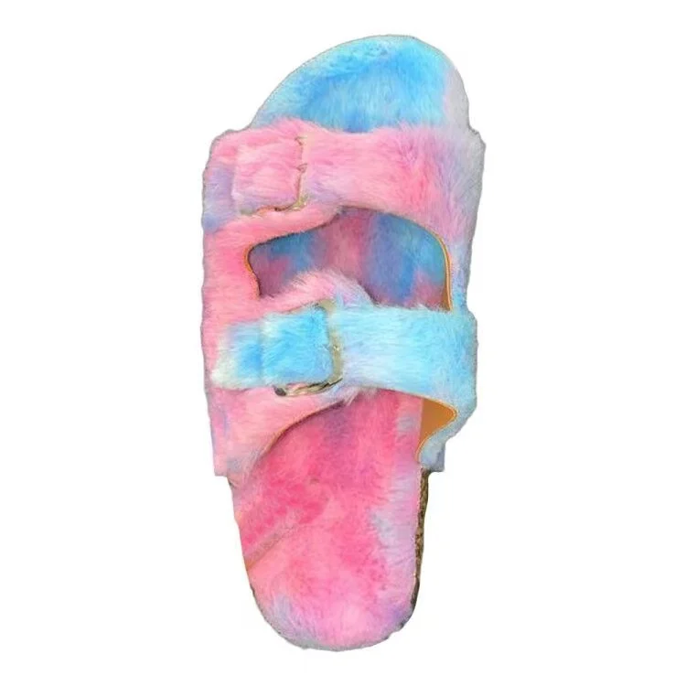 

2021 latest fashionable tie dye candy color double strap fur slide with buckle ladies fluffy flat slipper plush sandals pantufla, Customize