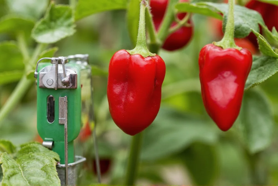 Close-up photograph of red ghost peppers growing on plant with scientific measurement tools nearby