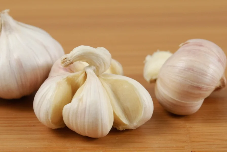 Three garlic cloves next to measuring spoons showing equivalent minced quantity