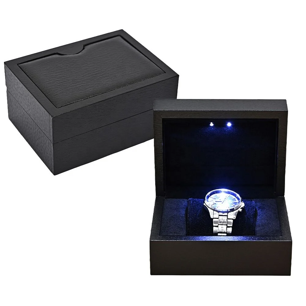 

Custom brand bracelet watch packaging box luxury watch boxes cases with gold foil logo LED light black plush velvet pillow, Black,pantone as well as cmyk