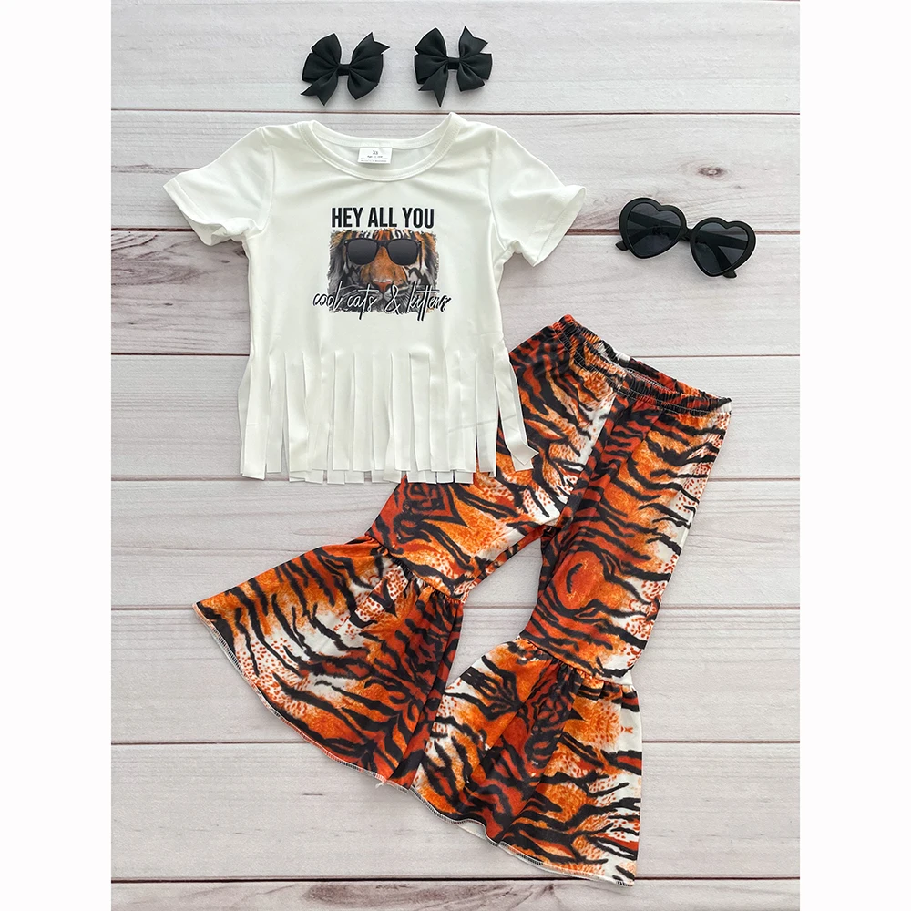 

RTS Wholesale kids clothes short sleeve tassel tee shirt top baby little girls boutique outfits clothing tiger zhihao spring