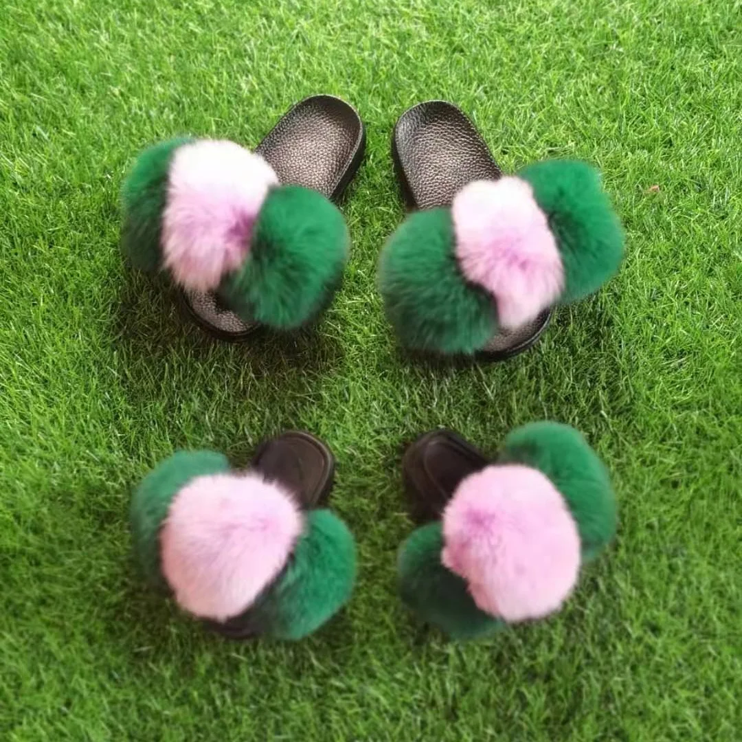 

2021 summer fashion sister with me fur slippers pom pom toddler fur slides with strap fur children's sandals, Customized color