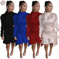 

9112201 best price high collar solid color office elegant ruffle ladies fashion casual bandage dresses women