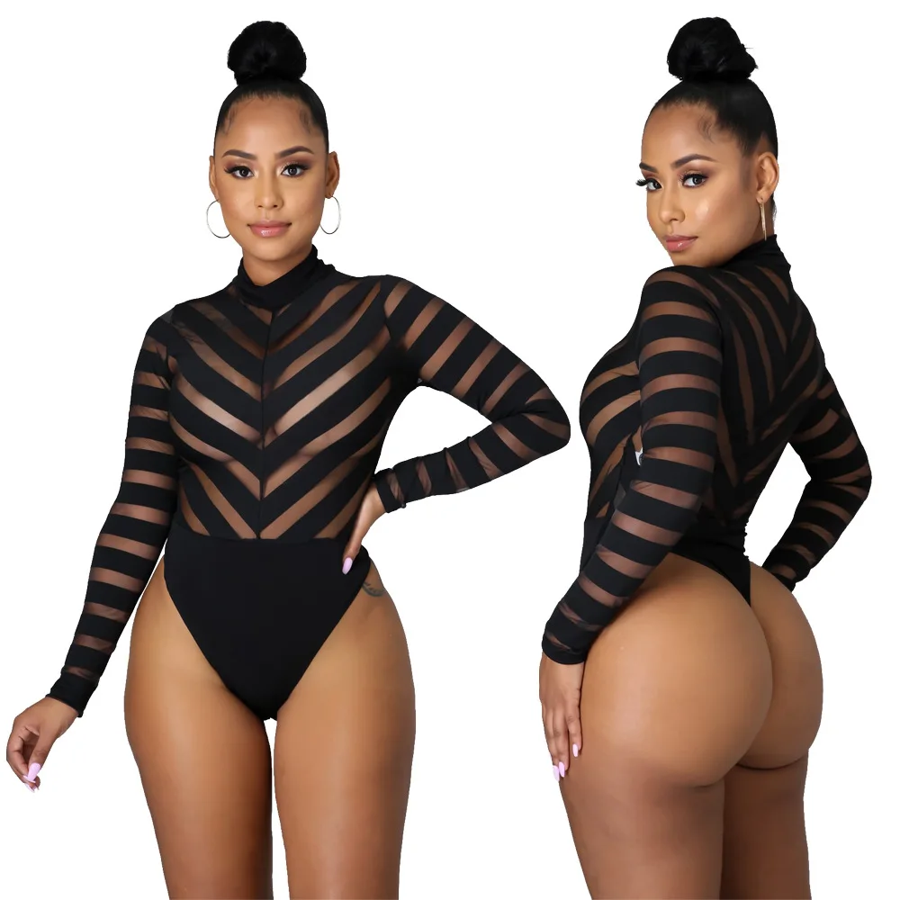 

See-through Mesh Pathcwork Black Womens Bodysuit 2021 Streetwear Club Hollow-out Striped Skinny Long Sleeve Women Bodysuit