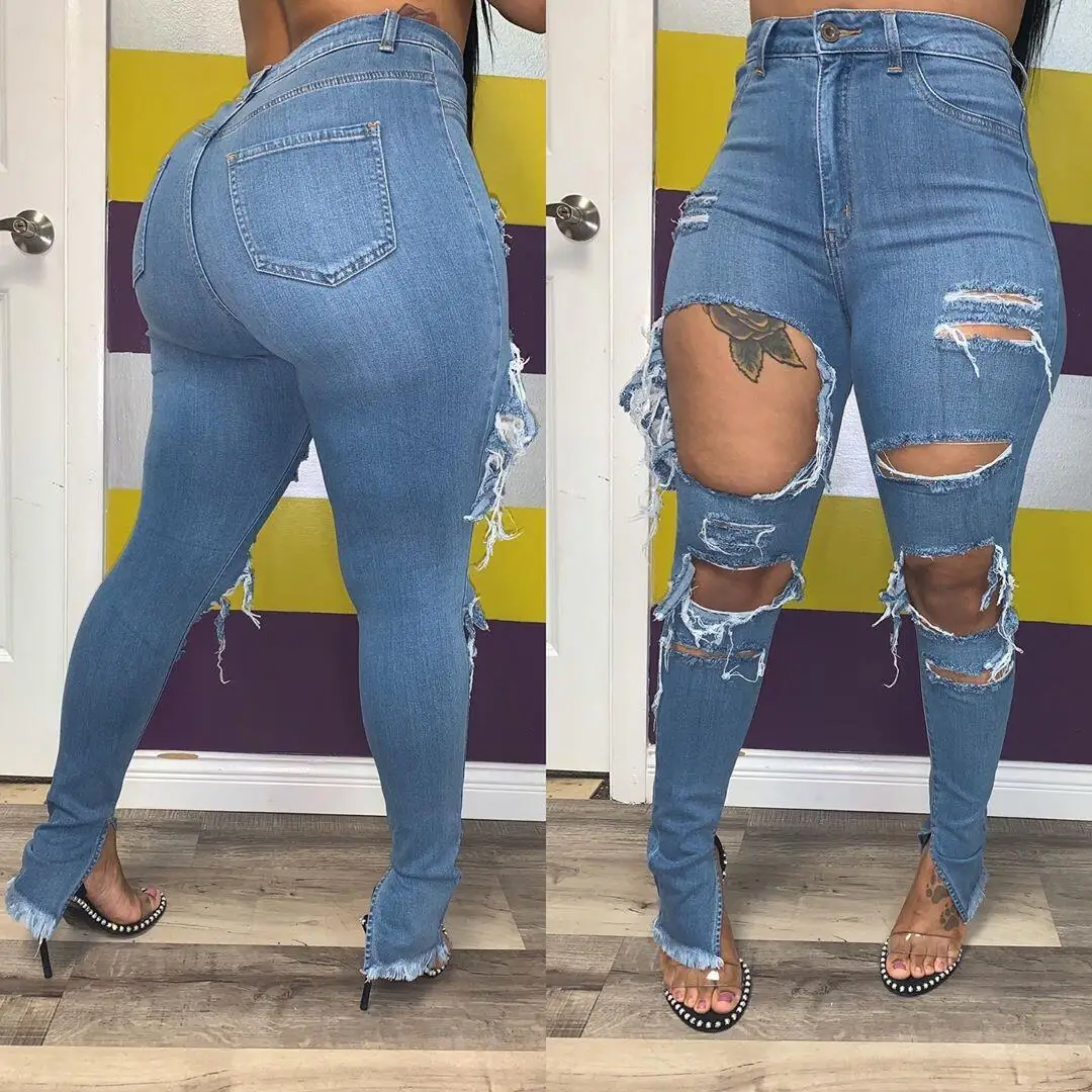 

Factory bulk women bodycon blue club jeans pants girls cut up plus size denim long skinny trousers ripped jeans wholesale