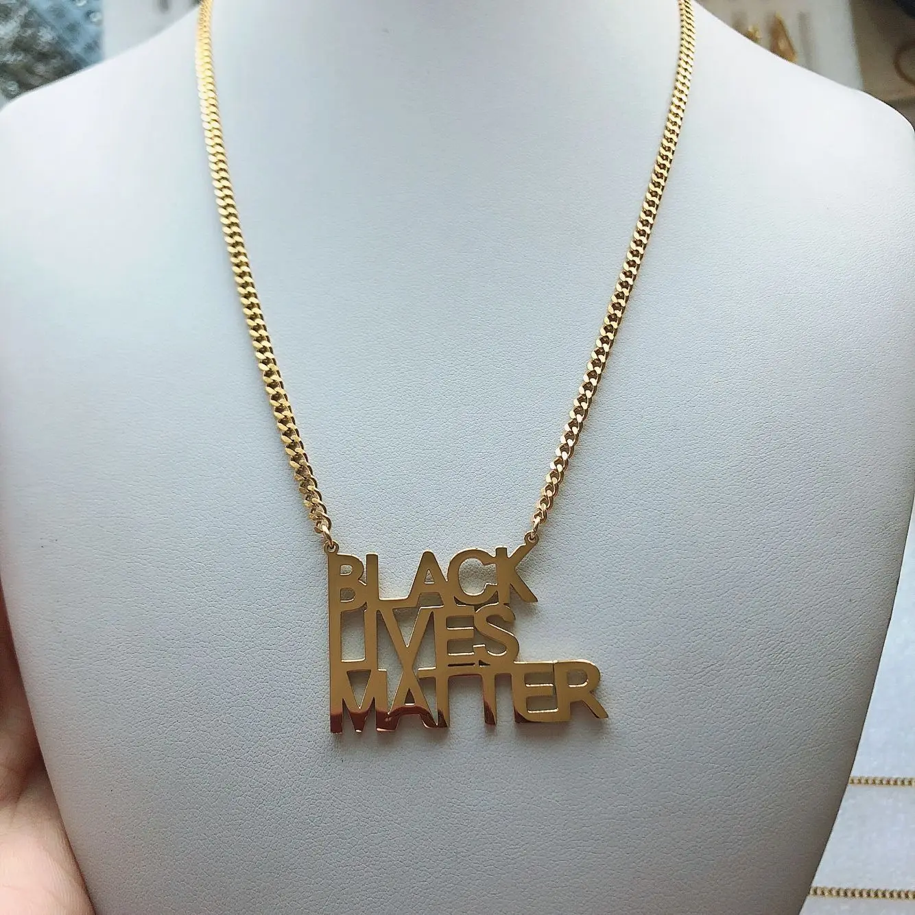 

Inspire stainless steel jewelry Black Lives Matter Abbr BLM pendant necklace popular Cuban link chain necklaces, Silver,gold,rose gold,black and so on