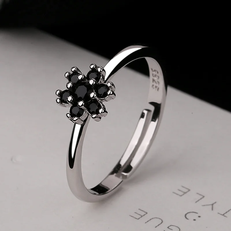 

Creative Open Jewelry Elegant S925 Silver Small Flower Ring Women's Gold Simple Black Zircon Rings