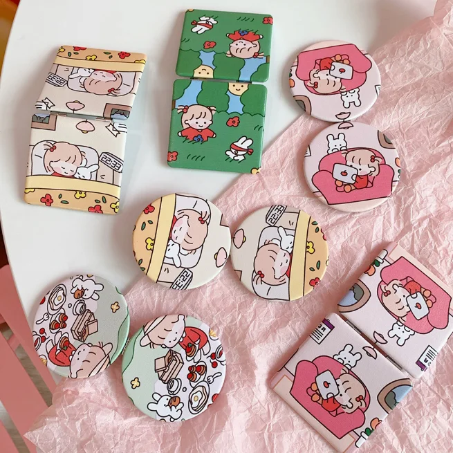 

Korean Version Cartoon Girl Small Rectangle Round Make Up Mirror PU Make Up Mirror for Firl, As pics