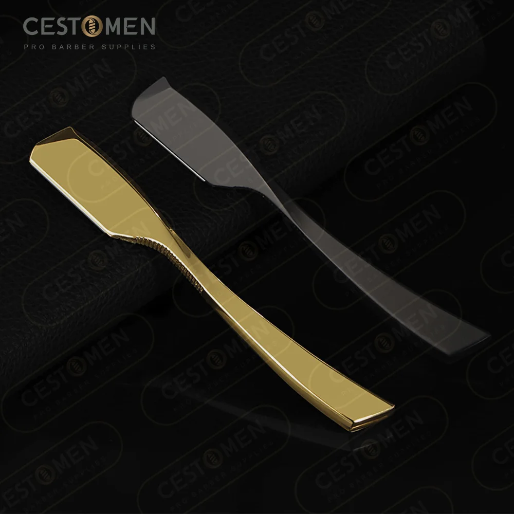

CestoMen Long Handle Unfoldable Men's Shaving Razor Electroplated Gold Single Bladed Barber Straight Edge Razor for Barbershop