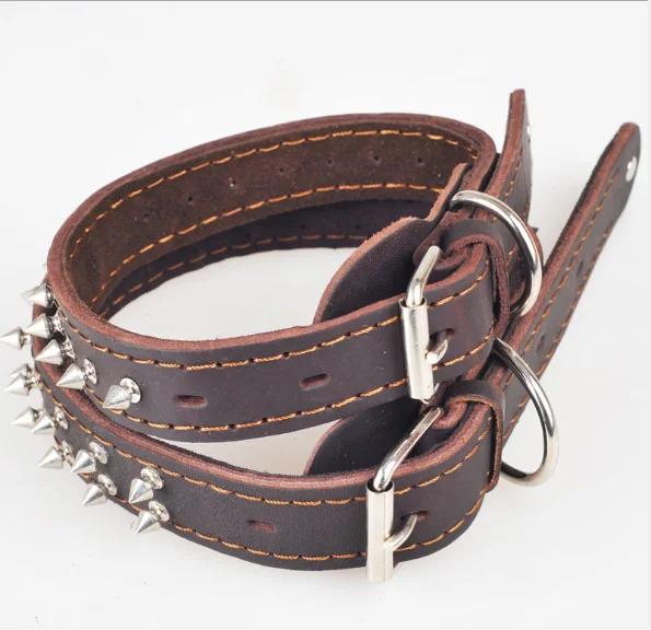 

First layer cowhide collar Real leather single-row and double-row round nails Dog collar Dog pet