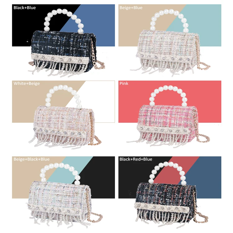 

Linen Handbag Elegant Girl Purse Tassel Mini Pearl Ladies Bag, 6 colors