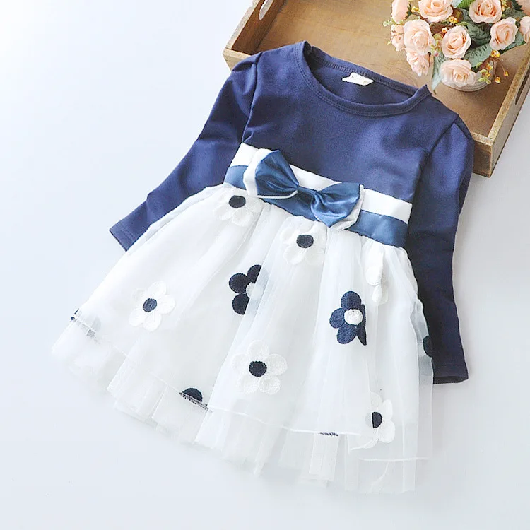 

Autumn Girl Cute Flower Bow Long-sleeved Dress Princess Net Yarn Dress