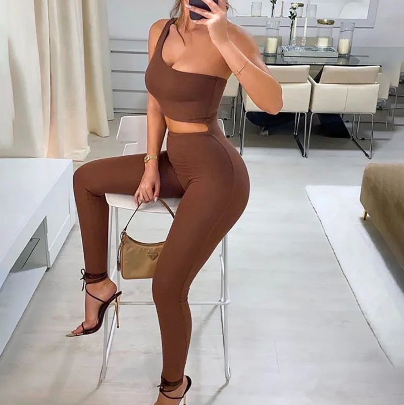 

Sexy Sporty Bodycon Jumpsuit Women Summer Gym Solid Color Irregular Cut Out One Shoulder One Piece Outfits