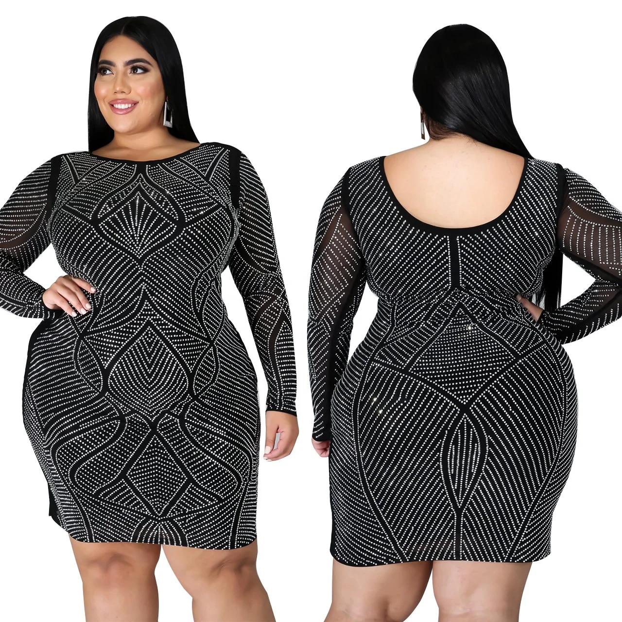 

2020 Autumn Elegant Clubbing Party Wear Fat Women Plus Size Dress Long Sleeve Sexy Mini Dresses, Black