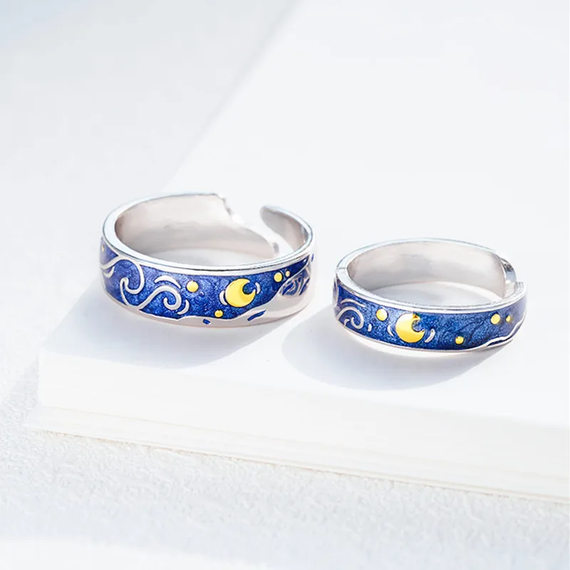 

Korea Fashionable jewelry Resizable Creative Art Van Gogh Star Sky Couple Ring, Blue