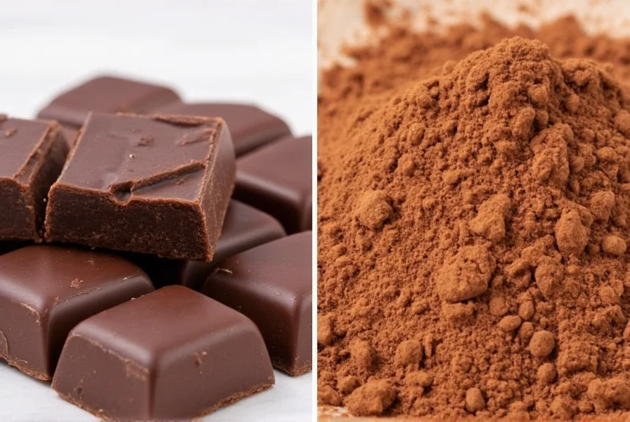 Dark chocolate bars and cocoa powder on wooden table