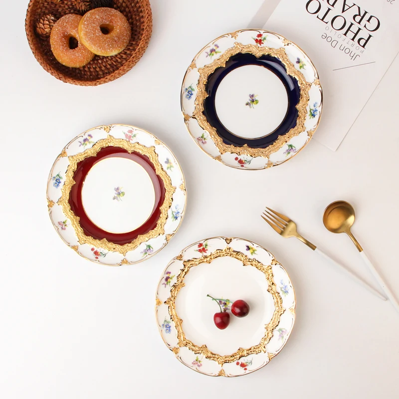 

High Quality Ceramic Dish & Plate Luxury White Gold Rim Porcelaine Dinner Plates Set, White/red/blue and gold