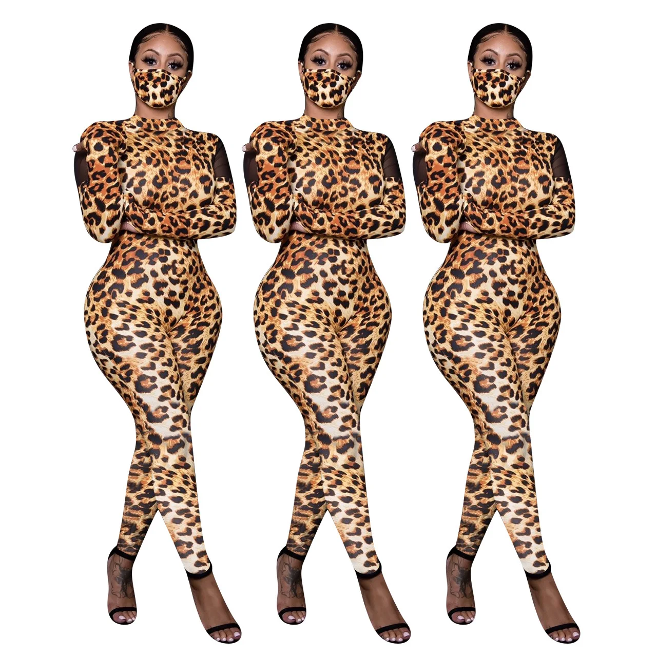 

2021NEW design Hot Women Sexy Leopard Print Skinny Long Sleeve Two Pieces Jogger Set Winter Bodycon