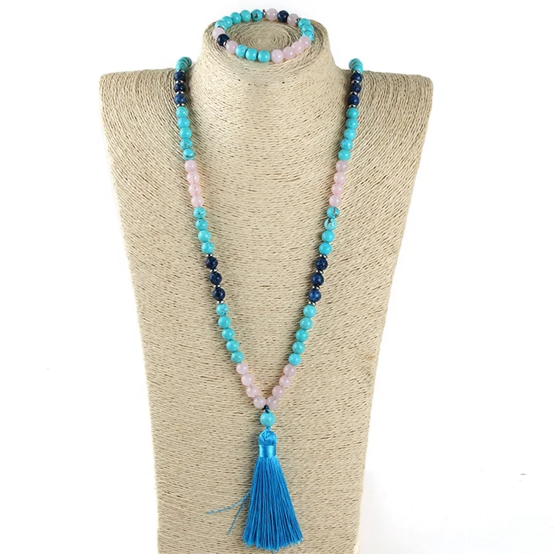 

8mm Lava Natural Stone Turquoise Pink Quartz Necklace Bracelet Set Tassel Pendant 108 Beads Mala Yoga Set Western Jewelry