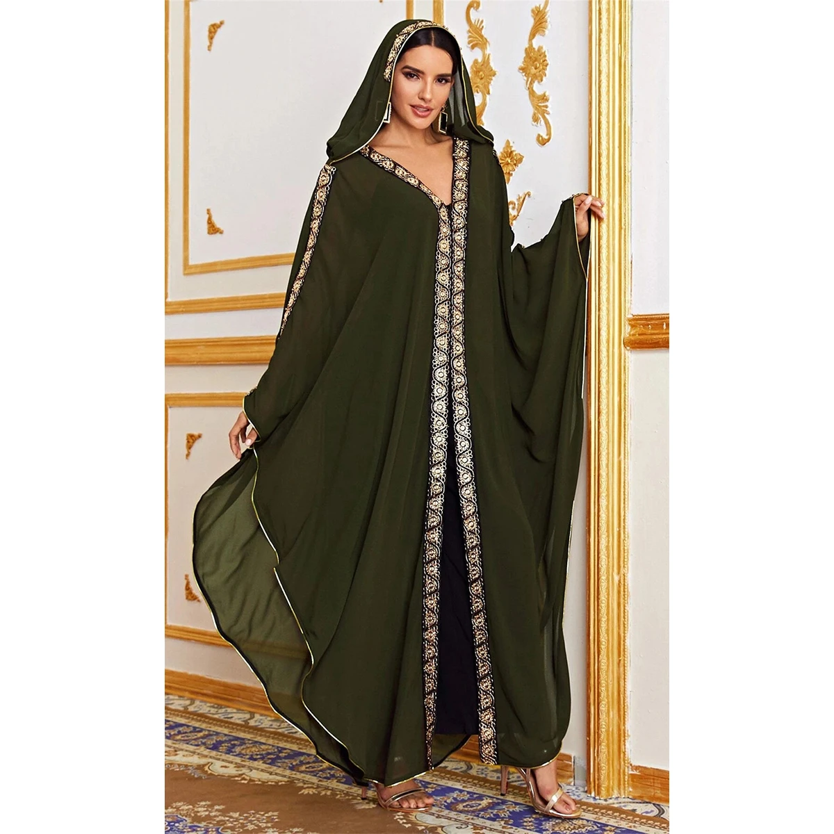 

Islamic Clothing Muslim Butterfly Kaftan Hooded Abaya Dress With Beads For Womens