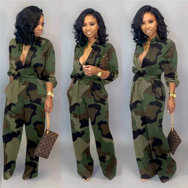 

Women Fashion Camouflage Clothing Women's Pockets Wide-leg Opening Jumpsuit